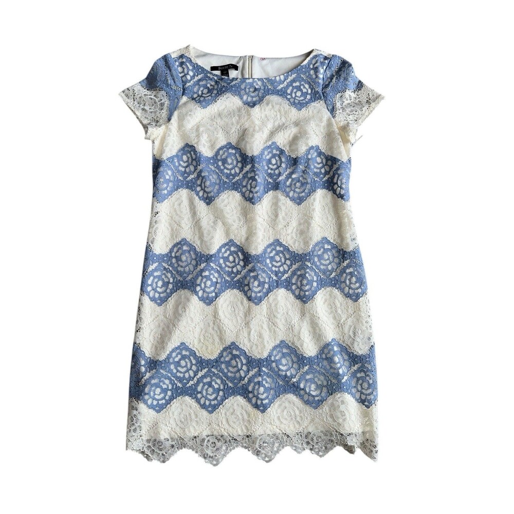 Suiti Lace Shift Dress Blue White Scallop Floral Overlay Short Sleeve Sz 10P